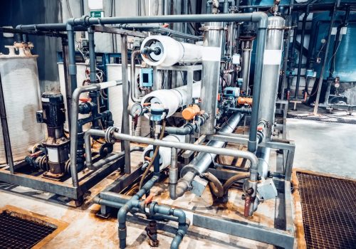 Water clarification system or purifying filter equipment in steel factory. Old used filters become ripe for replacement